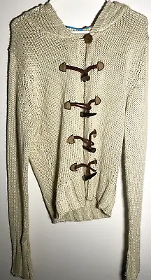 Womens Knitted Sweater Oversize Arms Hooded Horn Buttons Viking Irish XL Cream • $21