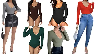 Women Long Sleeve V Neck Bodysuit Ladies Plain Unitard Leotard Fitted Top 8 To24 • £7.99