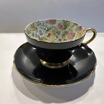 Shelley China Hensley Shape Black Gold Countryside Chintz Cup & Saucer • $140