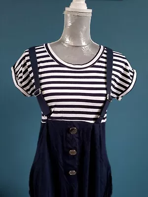 Lovely Bnwt Primark Nautical Dress Uk 12 Navy Stripe Braces Pockets Buttons • £3