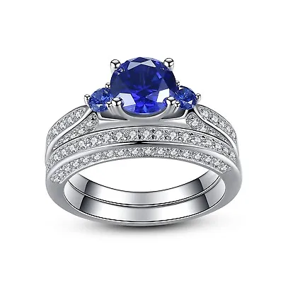 Womens Blue Sapphire Vintage Sterling Silver Bridal Wedding Engagement Ring Set • $29.99