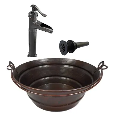 15  Round Copper BUCKET Vessel Bath Sink With ORB Faucet & Daisy Drain • $299.95
