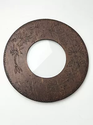 Antique Flemish Pyrography Wood Round Primitive Picture Frame Flowers 8” • $15.92