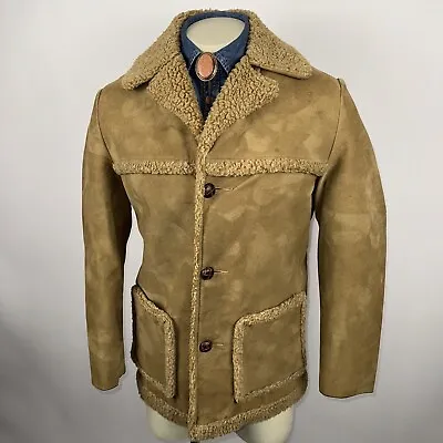 Mens Rancher Coat Sherpa Jacket Marlboro Man Trucker Vinyl Vtg 60s 70s Small 38 • $119.99