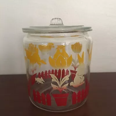 Vintage Glass Canister Cookie Jar W Lid Rabbits Lambs Ducks Flowers Picket Fence • $25