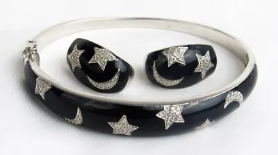 Sterling Silver Black Enamel Moon & Stars Pave Crystal Bangle Bracelet Earrings • $109