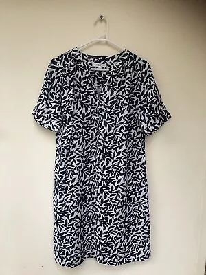 🌟 JOHN LEWIS 100% LINEN Floral Leaf Geometric Blue White Shift Dress 8 Xs S • $35