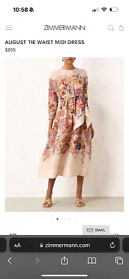 ZIMMERMANN AUGUST TIE WAIST MIDI DRESS - SIZE 0p  (RRP $895) • $350