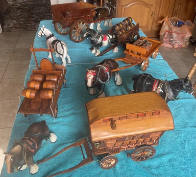 £30 • Buy 6 Vintage China Shire Horses And 5 Various Wooden Carts Ornaments