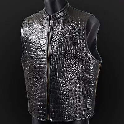 New Men's Alligator Embossed Motorcycle Style Biker Real 3mm Thick Leather Vest • $219.99