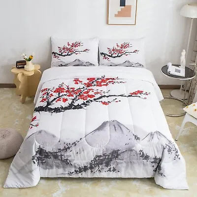 Japanese-Style Comforter Set Red Cherry Blossoms Printed Down ComforterAdult... • $77.95