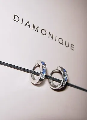 Diamonique Clear & Blue Snuggie Hoop Earrings Sterling Silver Pierced Hoops  Qvc • £14.99