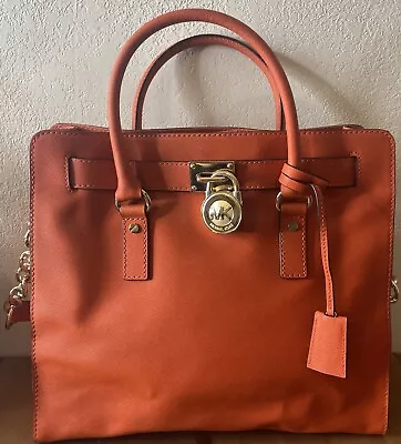 Michael Kors Women's Orange Luxury Leather Satchel Bag Gold Accents Large • $45