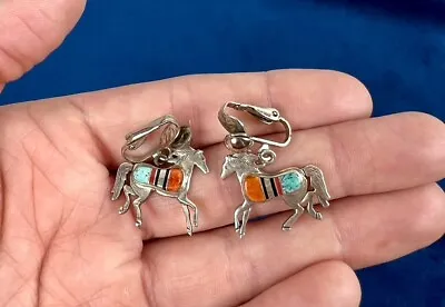 Vintage Navajo Inlay Horse Earrings By V. Yazzie Turquoise Coral Onyx 925 • $85