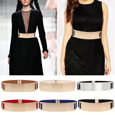 Women Ladies Gold Mirror Metal Plate Wide Waistband Belt Elastic Metallic Shiny☆ • $9.24