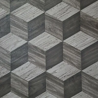 3D Illusion Grayish Brown Geometric Cube Square Faux Wood Textured Wallpaper 3-D • $3.82