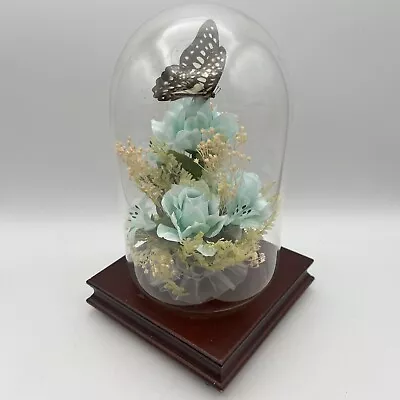 Vintage Real Butterfly Display Taxidermy Mounted Glass Dome Blue Flowers • $32