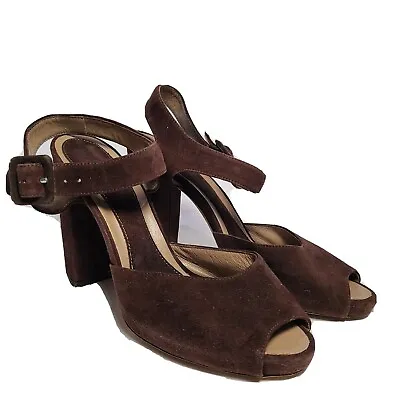 MARNI Sandals Brown Suede Leather Ankle Strap Chunky Heels Peep Toe 6.5 7 37.5 • $55