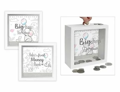 £10.99 • Buy Baby First Money Bank Piggy Box Glass Wood Bunny Bear Animals Quote White Unisex