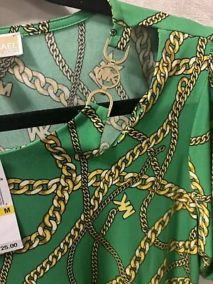 Michael Kors Women's Green  Dress Allover MK Logo Chain Print Size M  $125 • $89.99