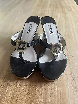 Michael Kors Palm Beach Wedge Black Patent Cork Thong Leather Sandals 8.5M • $13