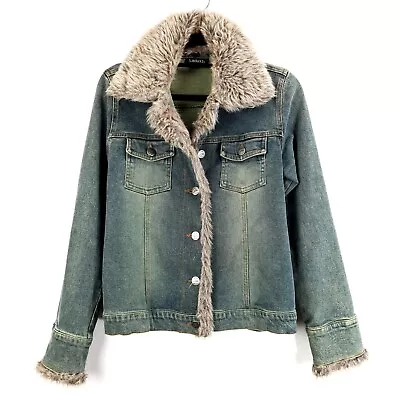 Ladakh Ladies Distressed Denim Jacket Faux Fur Trim With Removable Collar Size 8 • $26.98