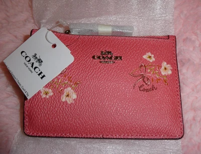 £29.99 • Buy COACH Coated Canvas Mini Skinny ID Zip Case & Keyring Coral Pink FLORAL Bow NEW!