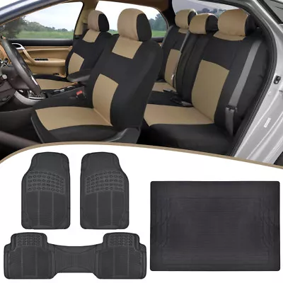 CarXS Full Set Split Bench Car Seat Covers +Rubber Floor Mats +Cargo Liner Beige • $65.90