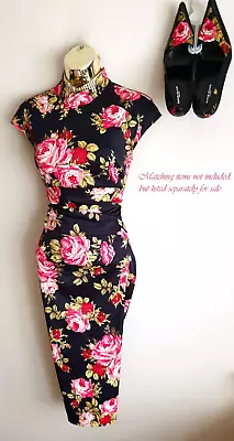 Karen Millen Black Rose Floral Oriental Fitted Evening Dress Siz 12 *Heels Lstd* • £7.50