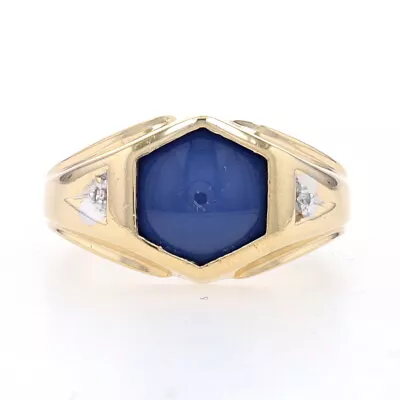 Yellow Gold Lab-Created Sapphire & Diamond Men's Ring - 10k Hexagonal Cabochon • $259.99