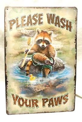 New Please Wash You Paws Raccoon Cabin Lodge Sign 8 X 12 Distressed • $14