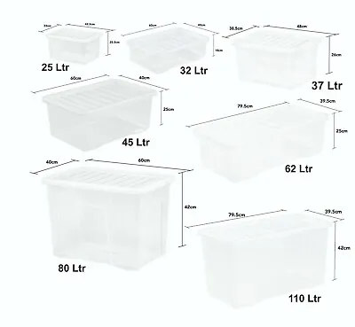 Clear Plastic 25L/32L/37L/45L/62L/80L/110L Crystal Storage Box With Lid Multi Us • £6.50