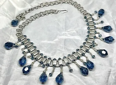 Vintage Miriam Haskell Unsigned Book Chain Blue Glass Dangle Collar Necklace • $150