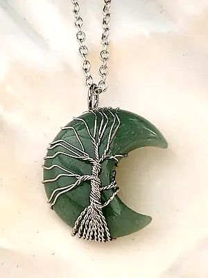Tree Of Life Jade Moon Pendant 20  Necklace Crescent Wire Wrapped Jewellery • £6.49