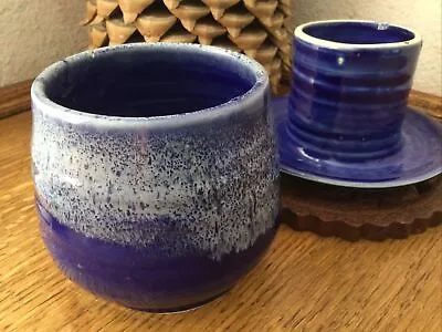 Ceramic Pottery French Butter Bell Keeper Crock Cup Cobalt Blue Glaze Vintage • $18.67