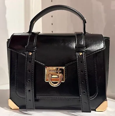 Michael Kors Manhattan Medium Black Silver Patent Leather Satchel Crossbody Bag • $96.98