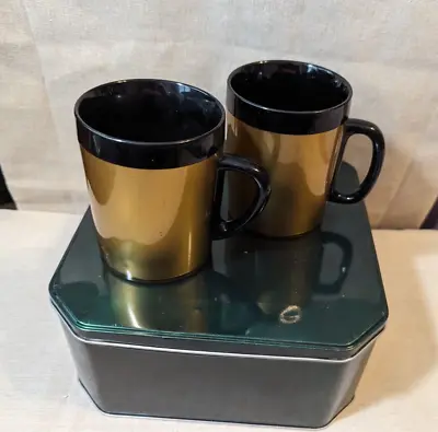 Vintage Set Of 2 West Bend  Thermo-Serv Black & Gold Coffee Mugs/Cups MCM • $10.99