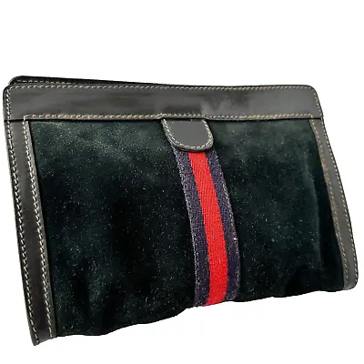 Vintage Gucci Sherry Line Clutch Handbag Suede Leather Black Auth From JAPAN 067 • $117.99