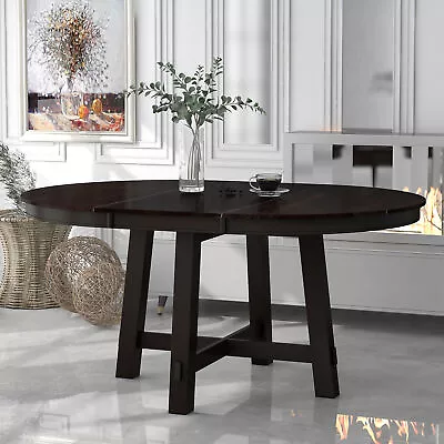 TREXM Farmhouse Round Extendable Dining Table With 16  Leaf Wood Kitchen Table • $398.99