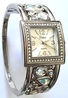 Vivani Lady Quartz Cuff Bracelet Watch W Crystal Bezel & Gemstone Bracelet K1047 • $22.50