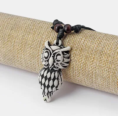 12Pcs White/Brown Yak Bone Resin Owl Charms Pendant Necklace Adjustable • $11.99