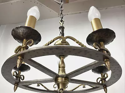 RESTORED Antique Vtg Arts & Crafts Mission Hammered Iron Brass Chandelier 5 Arm • $549.98