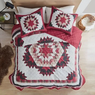 COUNTRY FARMHOUSE 3pc King / Cal King QUILT SET : STARBURST CABIN RED WHITE STAR • $127.49