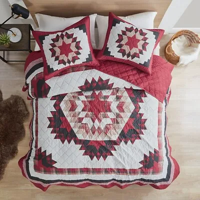 COUNTRY FARMHOUSE 3pc Queen QUILT SET : STARBURST CABIN RED WHITE STAR COMPASS • $110.49