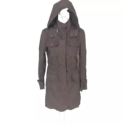 Marc O'Polo Women's Long Coat Size 8 Brown Hood Lightweight Pockets 100% Cotton • £28.99