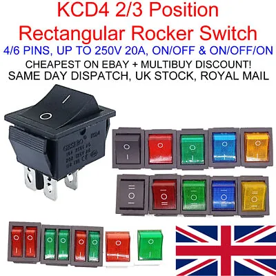 KCD4 2/3 Position Rectangular Rocker Switch 4/6 Pin 250V 16A ON OFF • £2.89