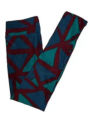 OS LuLaRoe One Size Leggings Green Burgundy Fun Triangles Retro Shapes NWT • $15