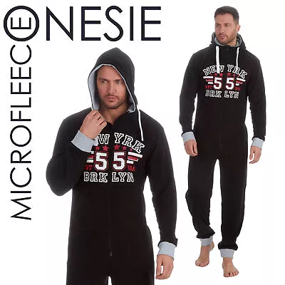 Mens One Piece Fleece Pyjamas All In One Jumpsuit Black Hooded Jumpsuit 1Onesie1 • £17.99