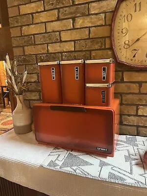 Vintage Lincoln Beauty Ware Tin Bread Box And Canisters Orange EUC • $98