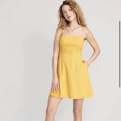 $10 • Buy Old Navy Women’s Yellow Fit & Flare Linen-Blend Dress Size Medium NWT
